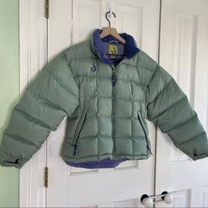 Isis goose down puffer jacket sea-foam green and periwinkle blue winter coat